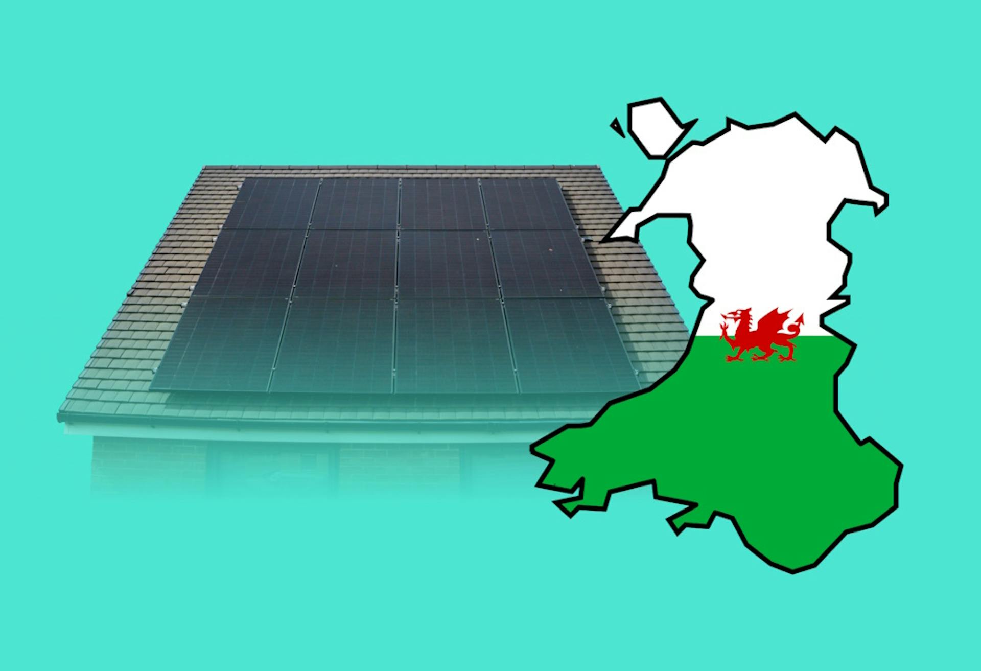 A roof with black solar panels and a map of Wales coloured in the Welsh flag, all against an aquamarine background