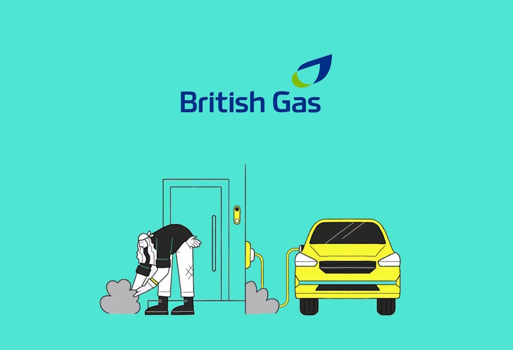 A British Gas logo above a person bending over and tending to their bushes, next to a yellow electric car connected to a home charger on the wall of their house, all against an aquamarine background