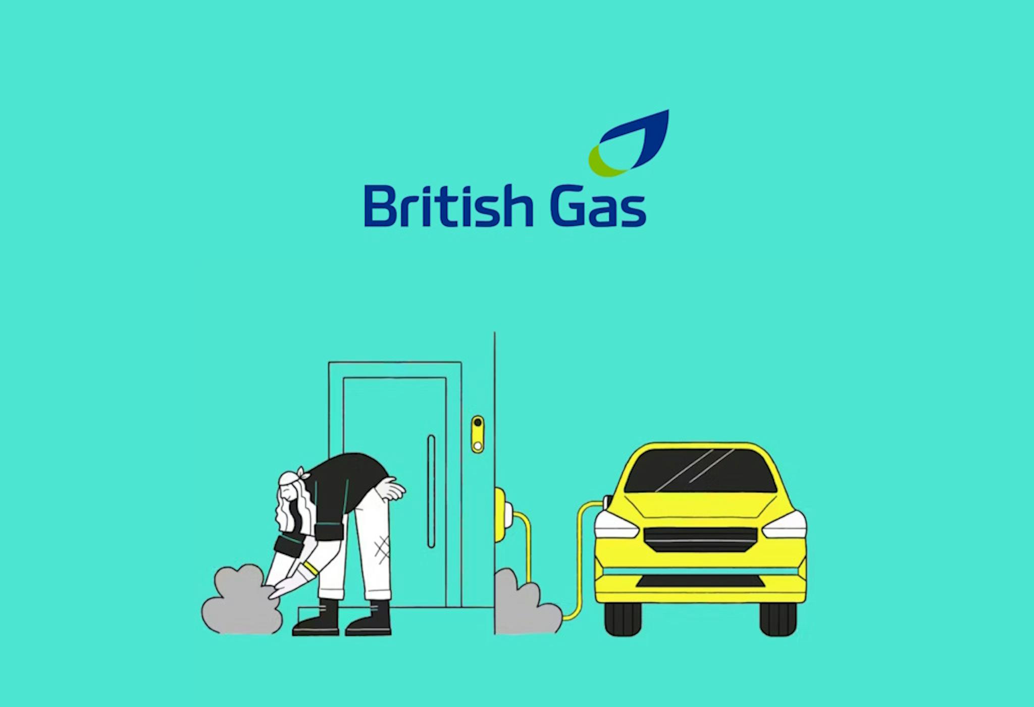 A British Gas logo above a person bending over and tending to their bushes, next to a yellow electric car connected to a home charger on the wall of their house, all against an aquamarine background