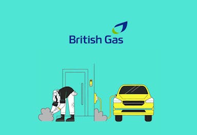 A British Gas logo above a person bending over and tending to their bushes, next to a yellow electric car connected to a home charger on the wall of their house, all against an aquamarine background