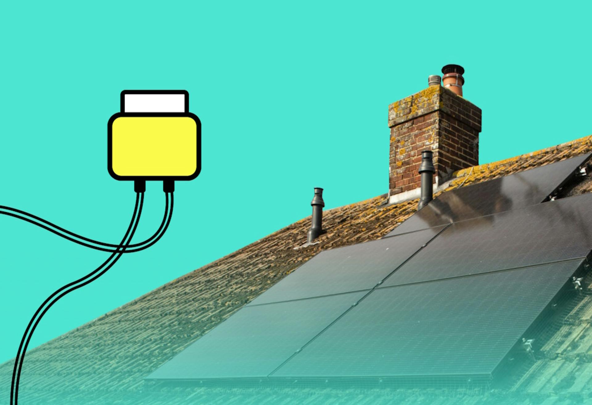 A cartoon version of a yellow optimiser and its wires next to a brown roof with black solar panels, against an aquamarine background