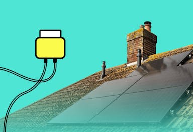 A cartoon version of a yellow optimiser and its wires next to a brown roof with black solar panels, against an aquamarine background