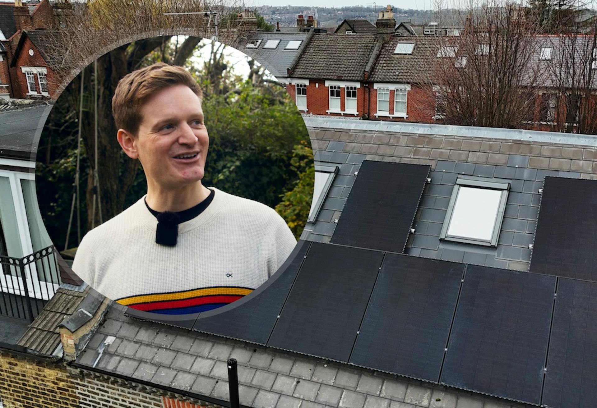 Sunsave customer Jody in a circle, overlaid onto a photo of his rooftop solar installation