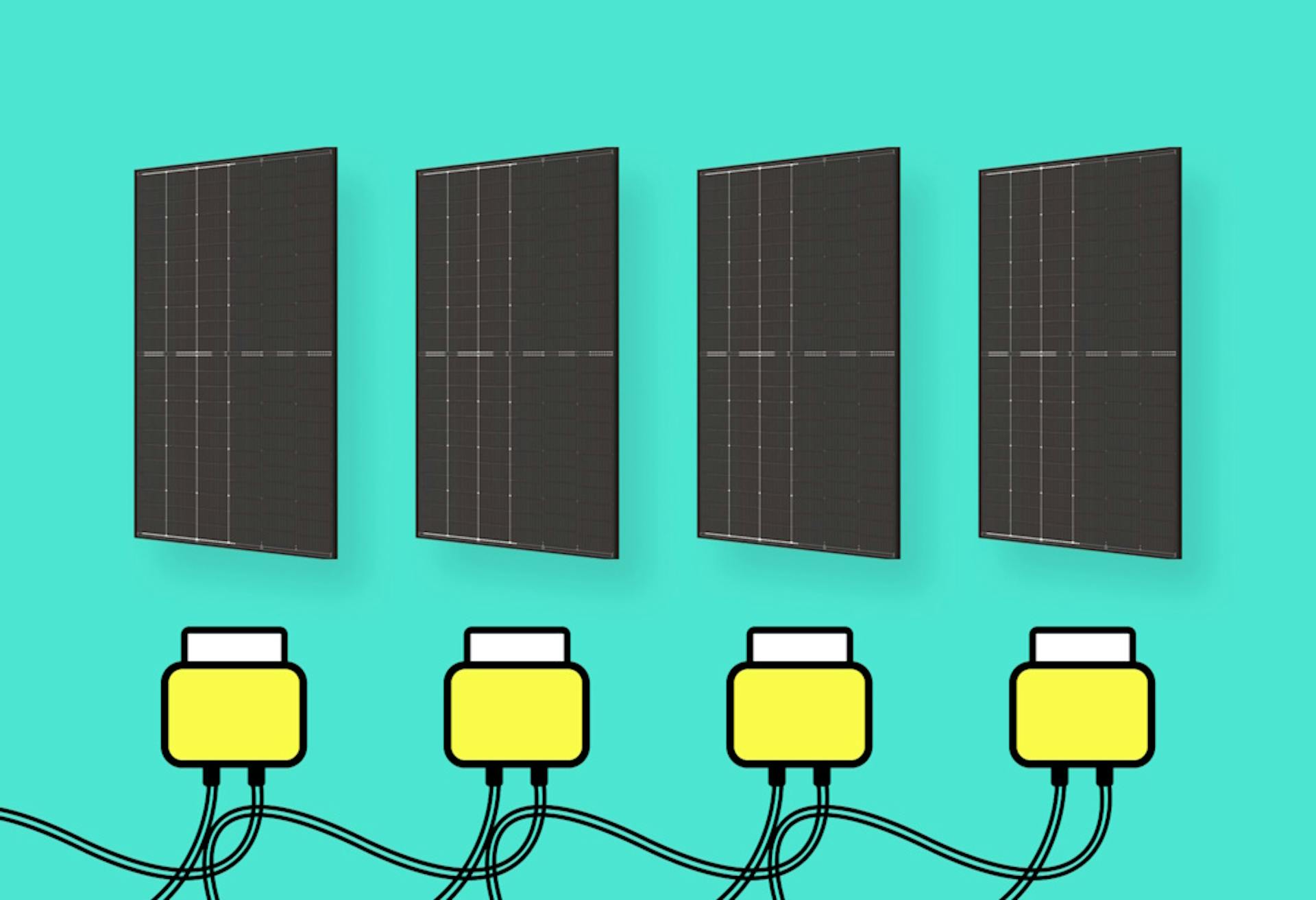 A cartoon version of four yellow microinverters and their wires under black solar panels, against an aquamarine background