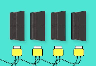 A cartoon version of four yellow microinverters and their wires under black solar panels, against an aquamarine background