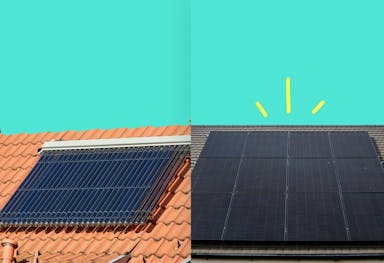 Side by side photos of solar thermal array and solar PV array, teal background