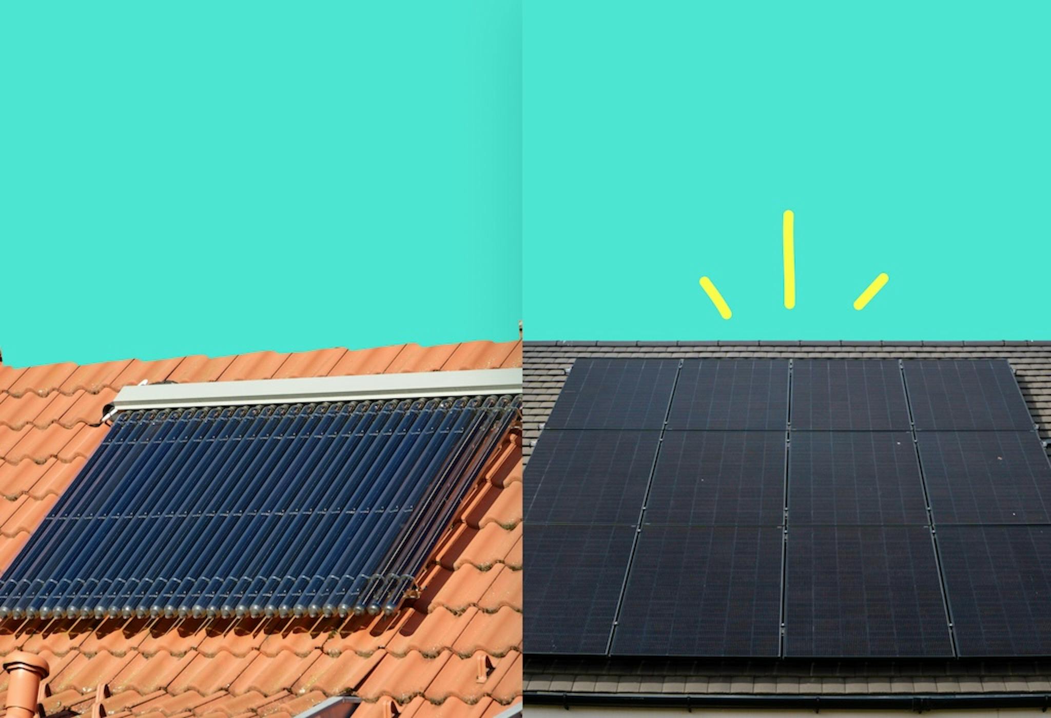 Side by side photos of solar thermal array and solar PV array, teal background