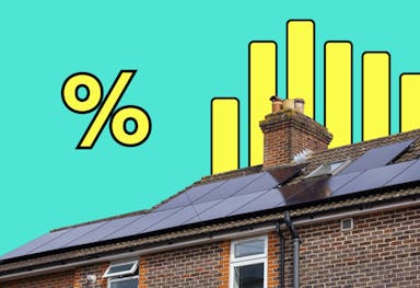 a yellow percentage sign next to a yellow bar chart and house with black solar panels, against an aquamarine background