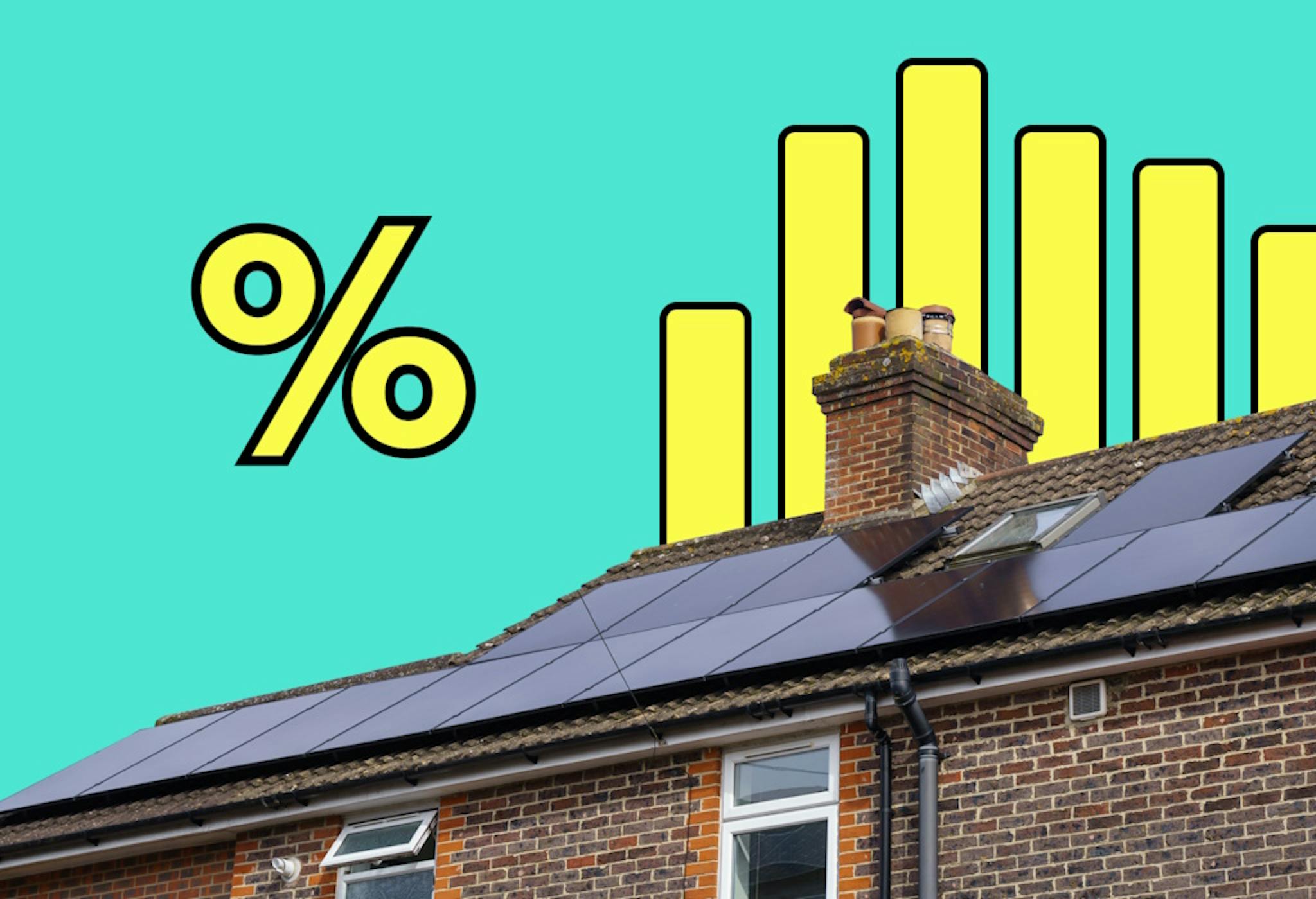 a yellow percentage sign next to a yellow bar chart and house with black solar panels, against an aquamarine background