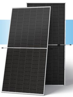 the front and back of a black solar panel with silver framing