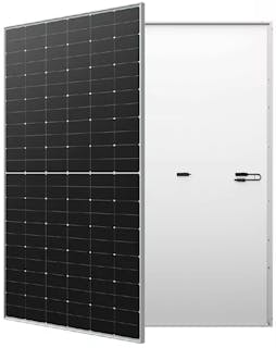 the front and back of a black solar panel with silver framing and backsheet