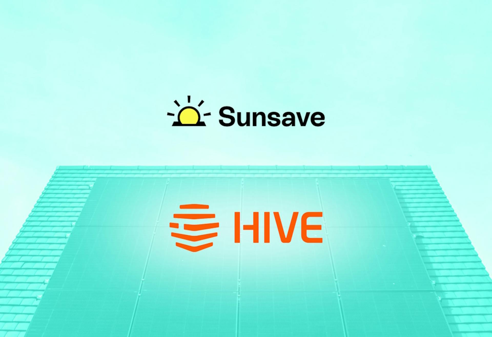 the Sunsave logo above the Hive logo, against an aquamarine background behind a house with solar panels