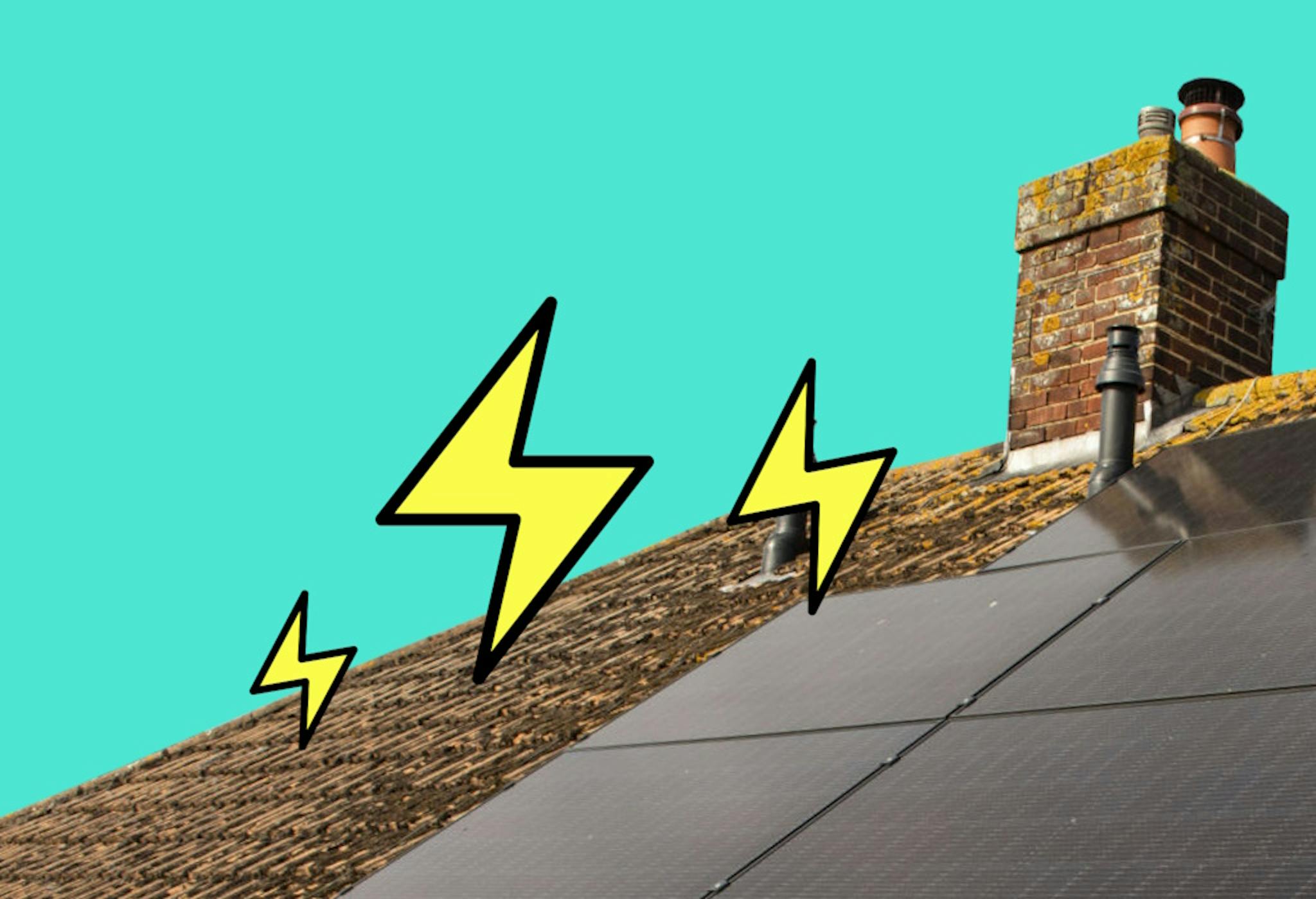 yellow lightning bolts against an aquamarine background, behind a house with solar panels