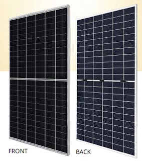 A black solar panel's front and back, against a white and tan background