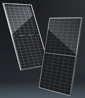 A black solar panel's front and back, against a dark background