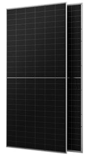 A black solar panel's front and back, against a white background