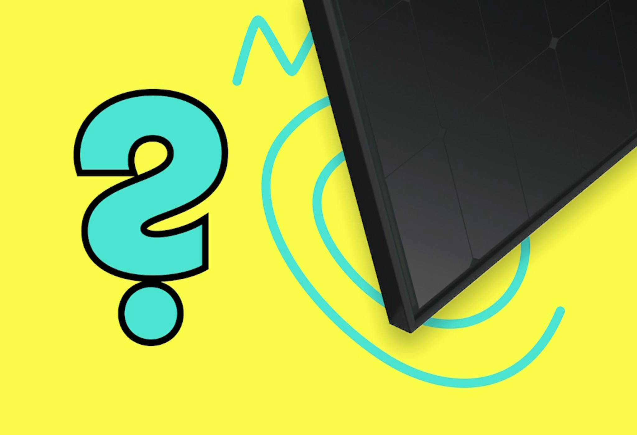 a black solar panel and aquamarine question mark and squiggles, all against a yellow background