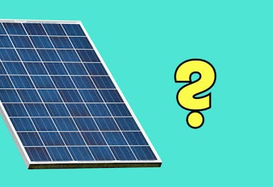 a blue solar panel and yellow question mark, against an aquamarine background