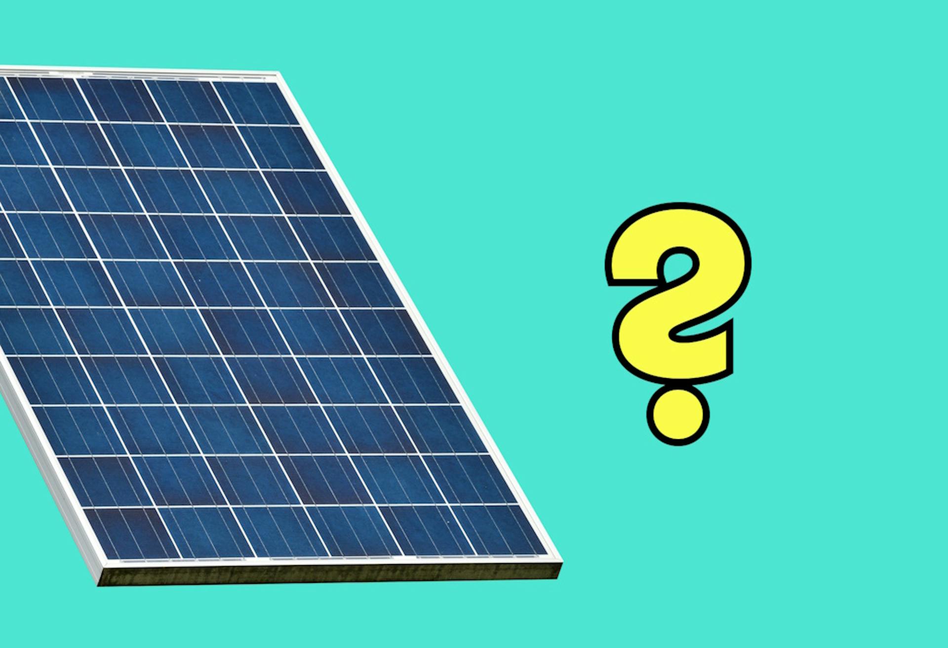 a blue solar panel and yellow question mark, against an aquamarine background