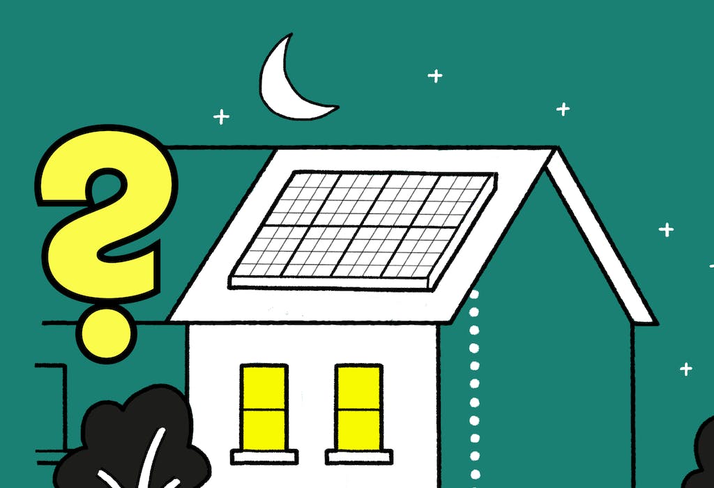 Cartoon house with solar panels on roof, night-time, moon and stars in sky, yellow question mark next to house
