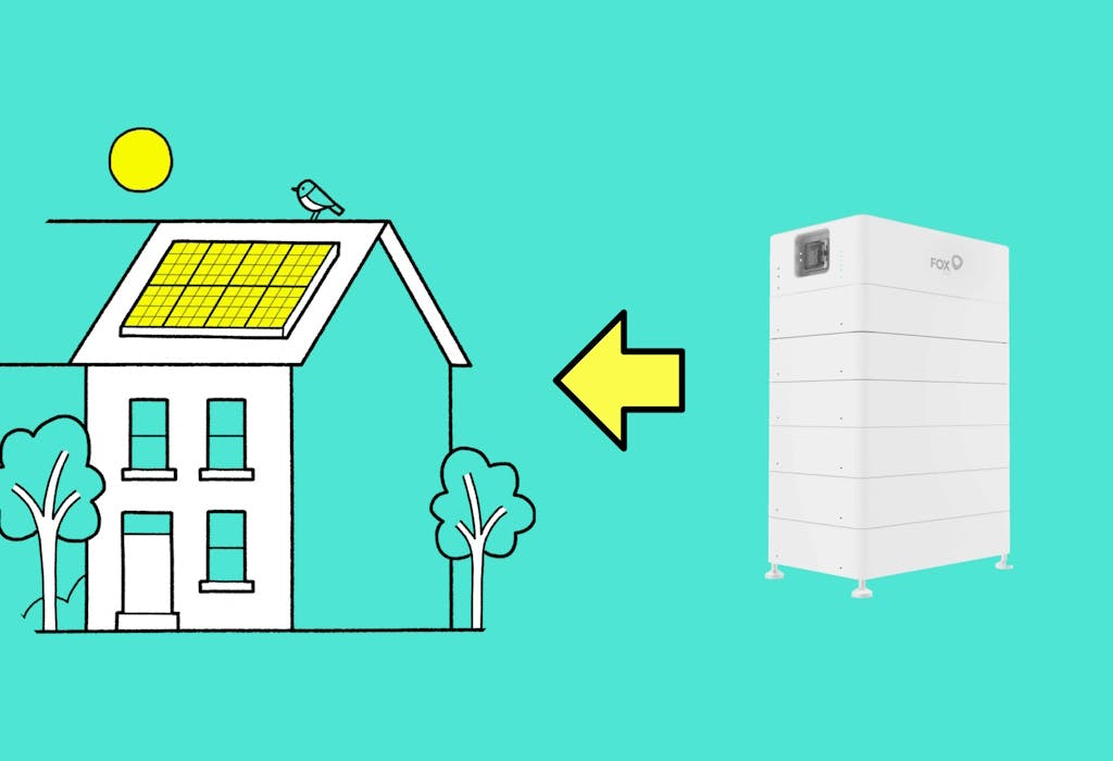 a photo of a solar battery next to a yellow arrow pointing from the battery to a white house with solar panels, against an aquamarine background