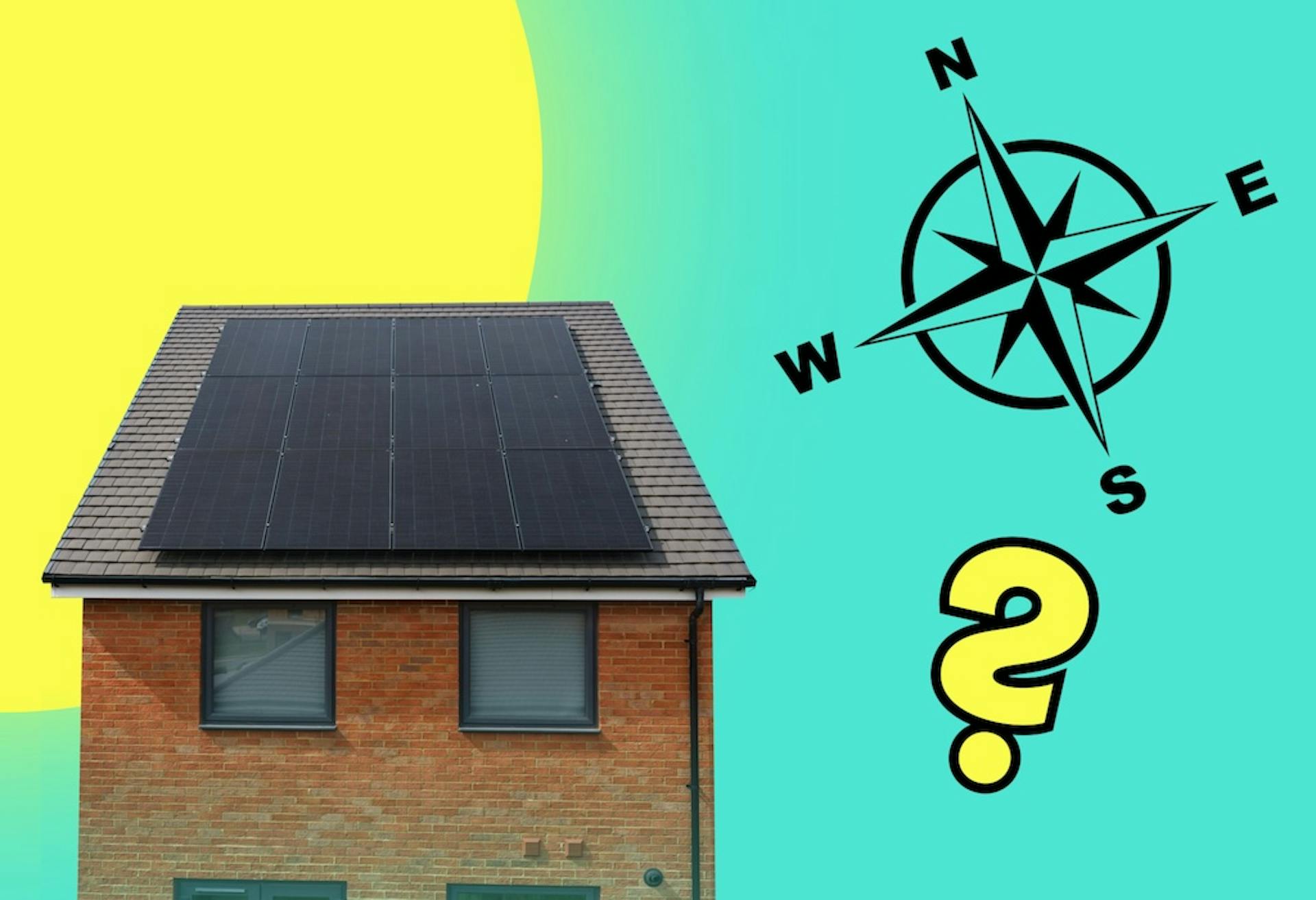 House with solar panels on roof, cartoon yellow sun behind it, teal background, black compass and yellow question mark