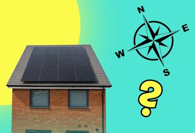 House with solar panels on roof, cartoon yellow sun behind it, teal background, black compass and yellow question mark