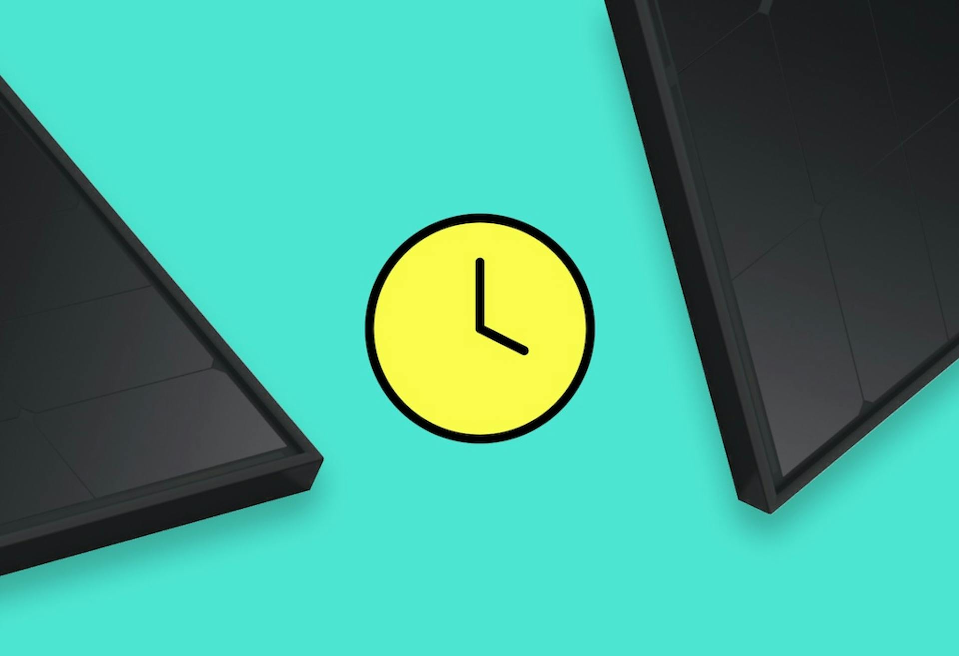 A cartoon yellow clock, one black solar panel on either side of it, teal background