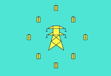 yellow solar batteries surrounding a yellow electricity pylon, all against an aquamarine background
