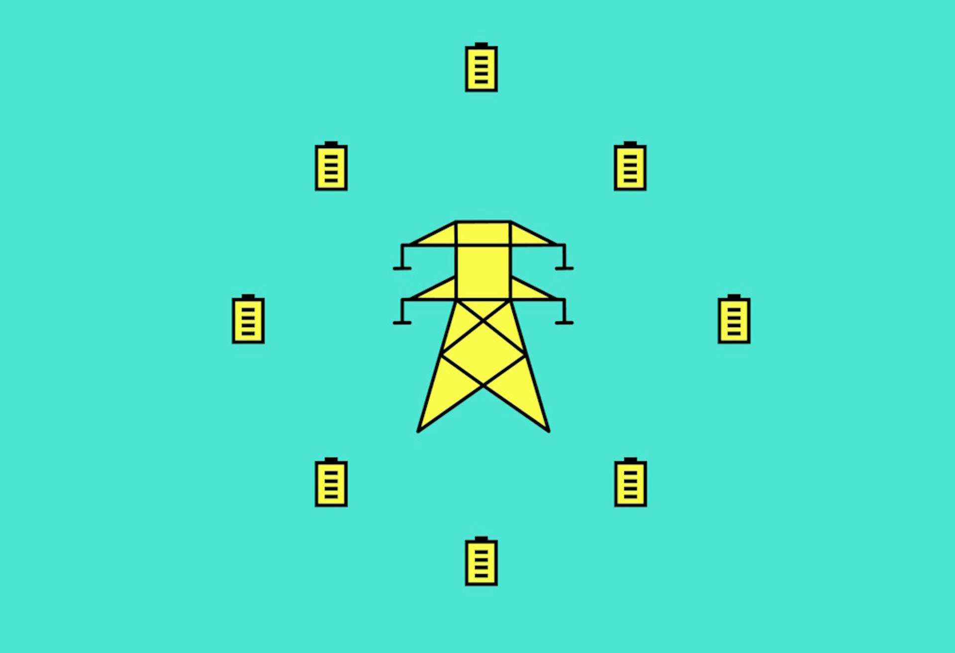 yellow solar batteries surrounding a yellow electricity pylon, all against an aquamarine background