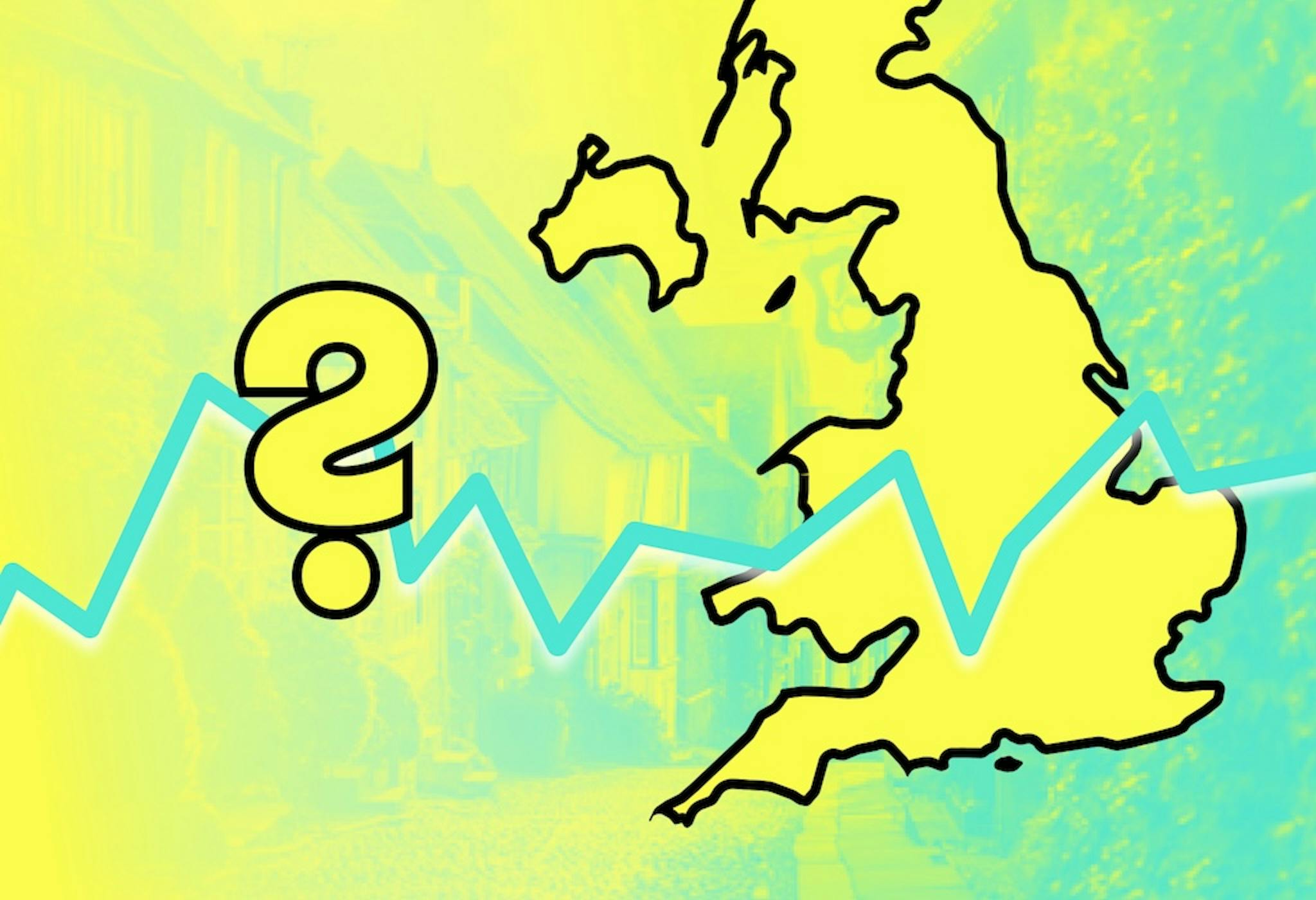 Yellow map of the UK, big question mark next to it, blue line running from left to right that keeps rising and falling