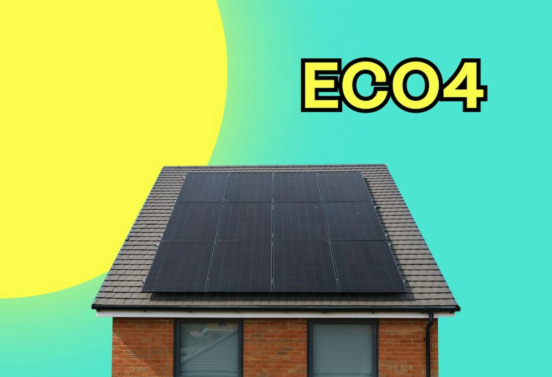 A new build home with black solar panels on the roof, teal background, cartoon yellow sun in the top left corner, and 'ECO4' in the top right in yellow letters