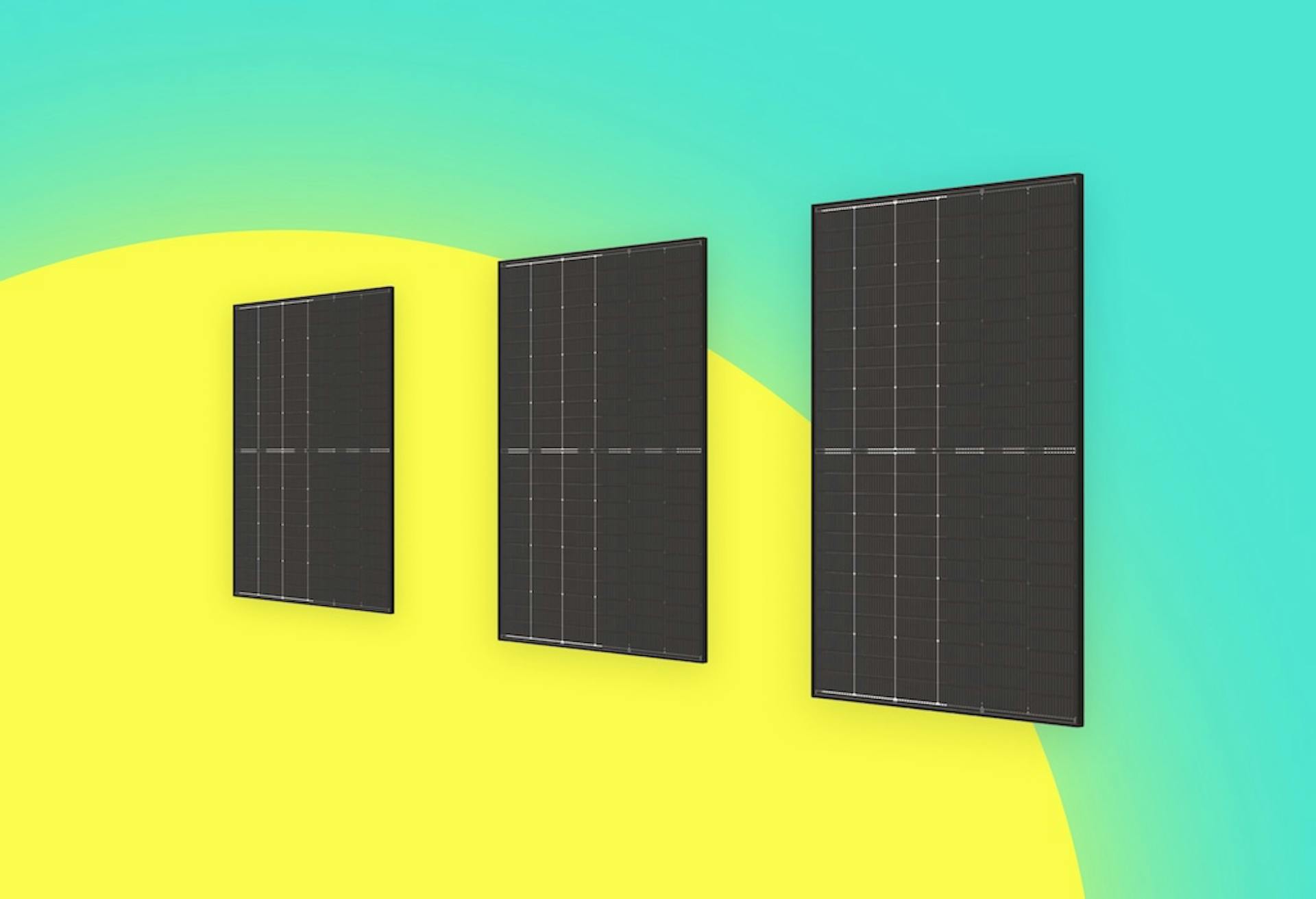 Three differently sized black solar panels lined up next to each other, big yellow sun in bottom left corner, teal background