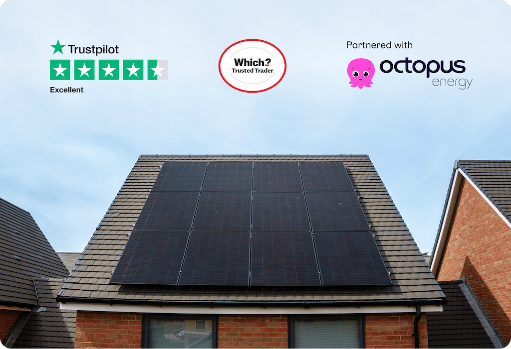 Solar panels on the roof of a new build home, three logos above it: Trustpilot, Which? and Octopus