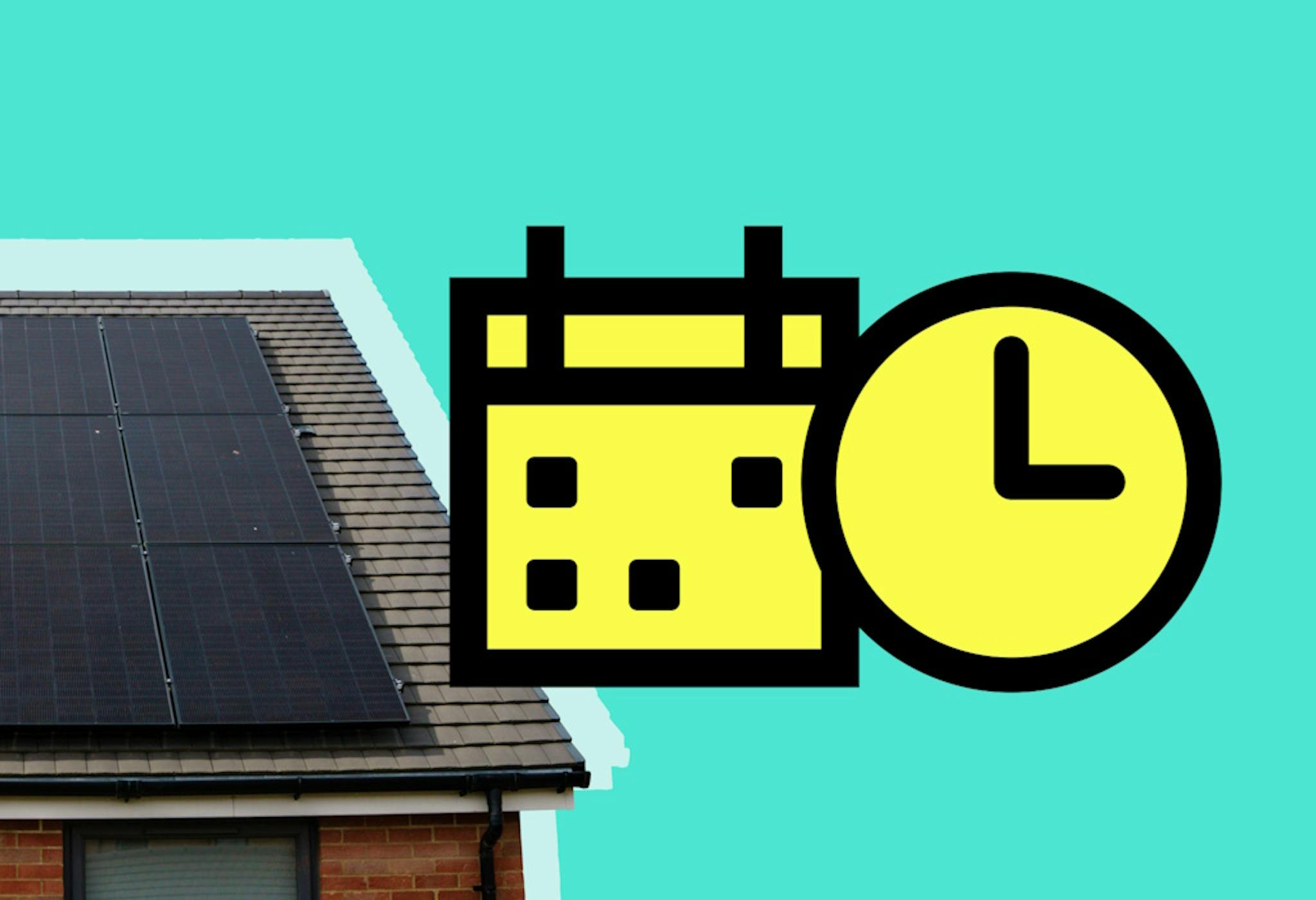 Yellow and black graphics of a calendar and clock against an aquamarine background and a house with black solar panels on the roof