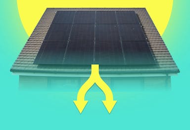 12 black solar panels on a roof, yellow cartoon sun in the background, two yellow arrows pointing down from the panels