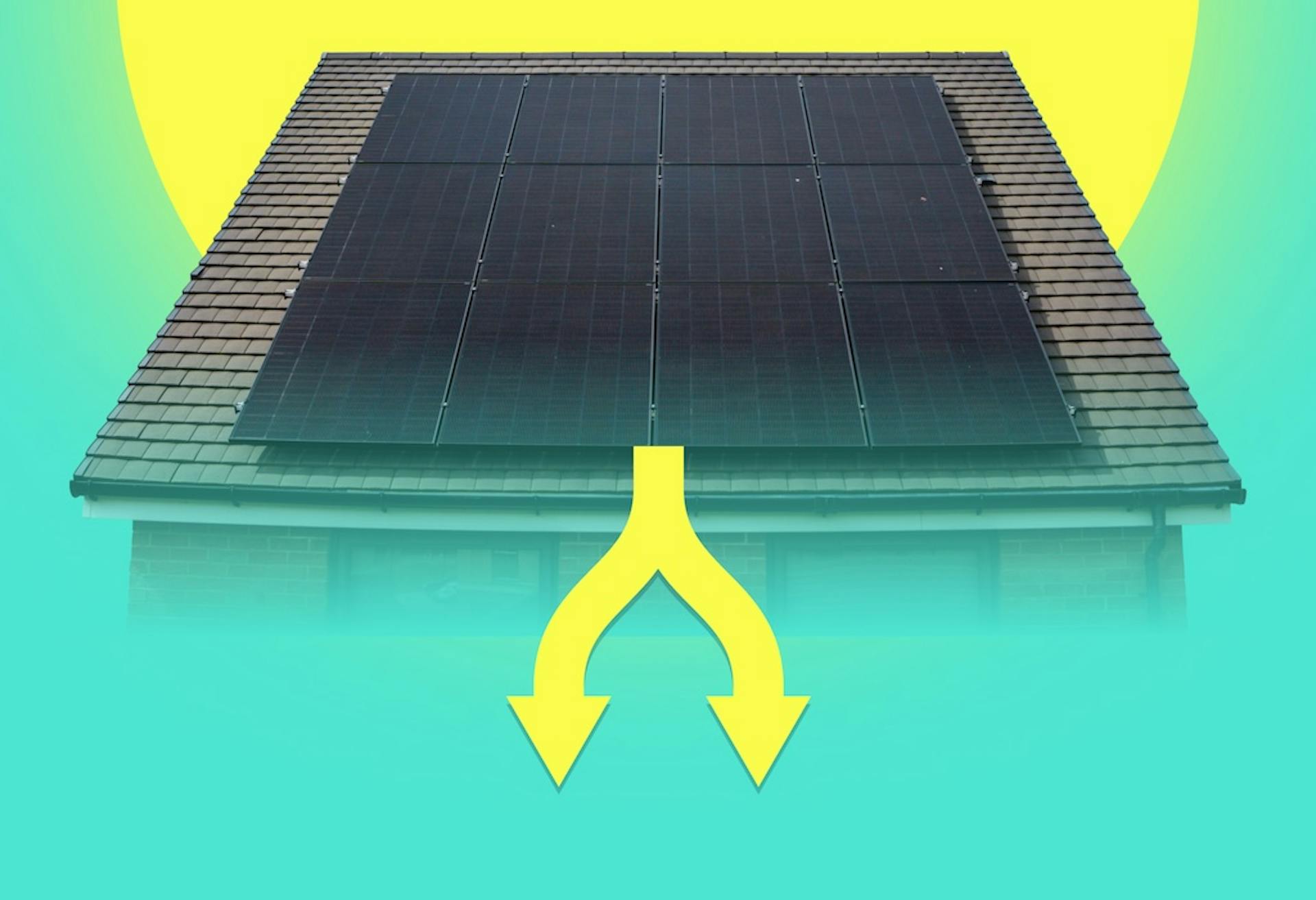 12 black solar panels on a roof, yellow cartoon sun in the background, two yellow arrows pointing down from the panels