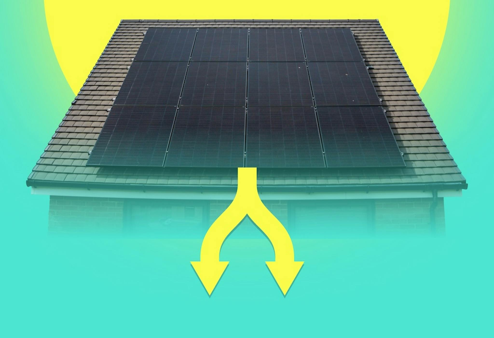 12 black solar panels on a roof, yellow cartoon sun in the background, two yellow arrows pointing down from the panels