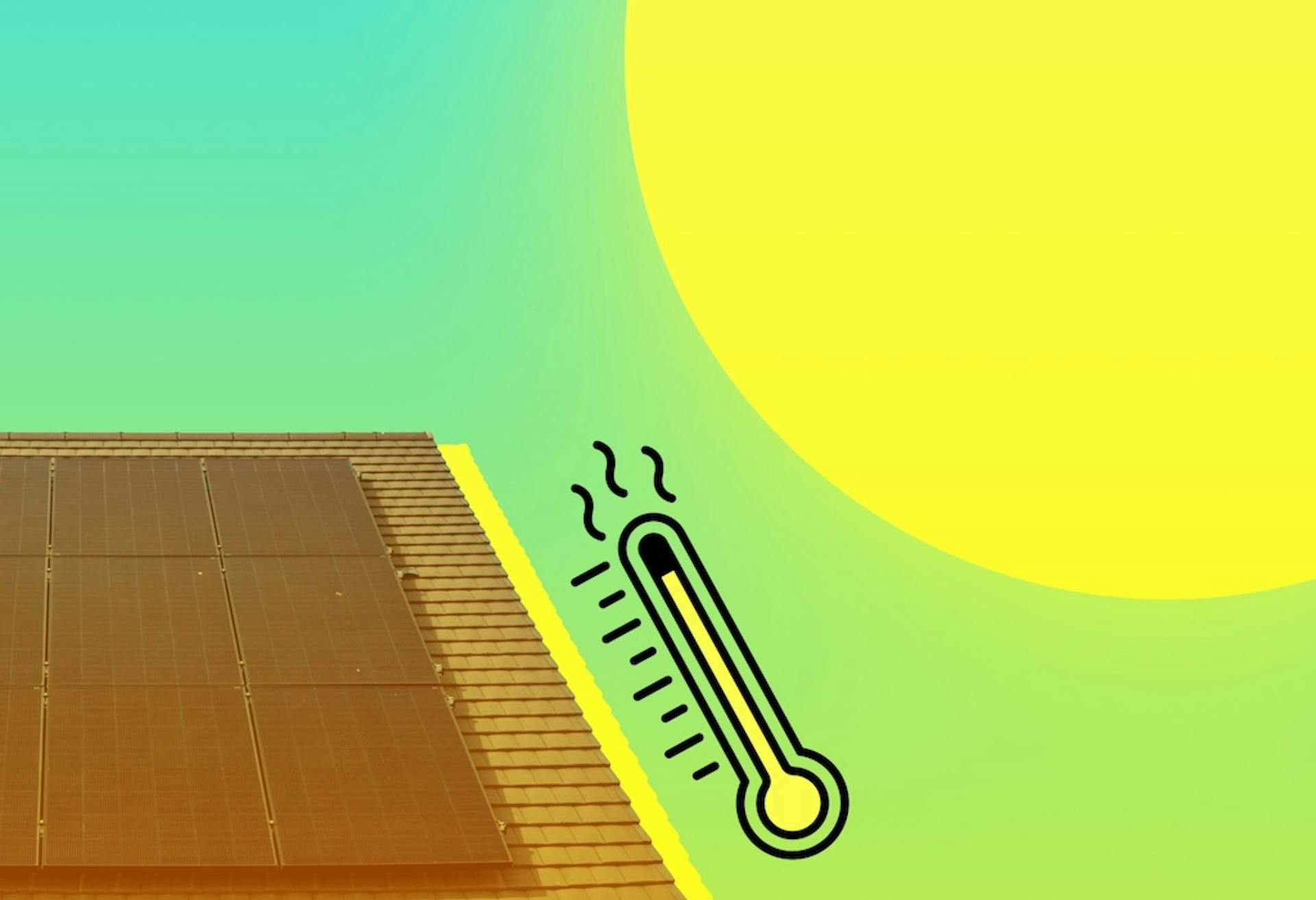 Black solar panels on a rooftop, a big cartoon yellow sun above it, and a cartoon thermometer showing a high temperature, pale blue background