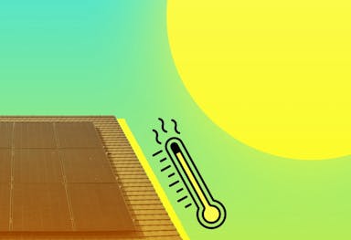 Black solar panels on a rooftop, a big cartoon yellow sun above it, and a cartoon thermometer showing a high temperature, pale blue background