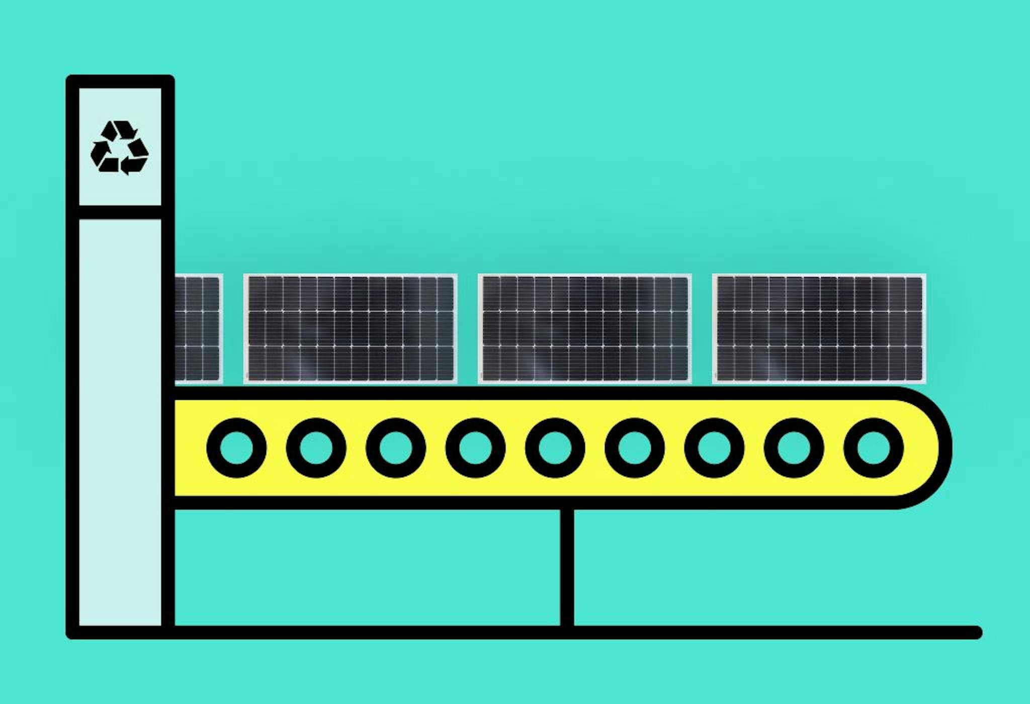 Black solar panels on a cartoon yellow conveyor belt going to be recycled