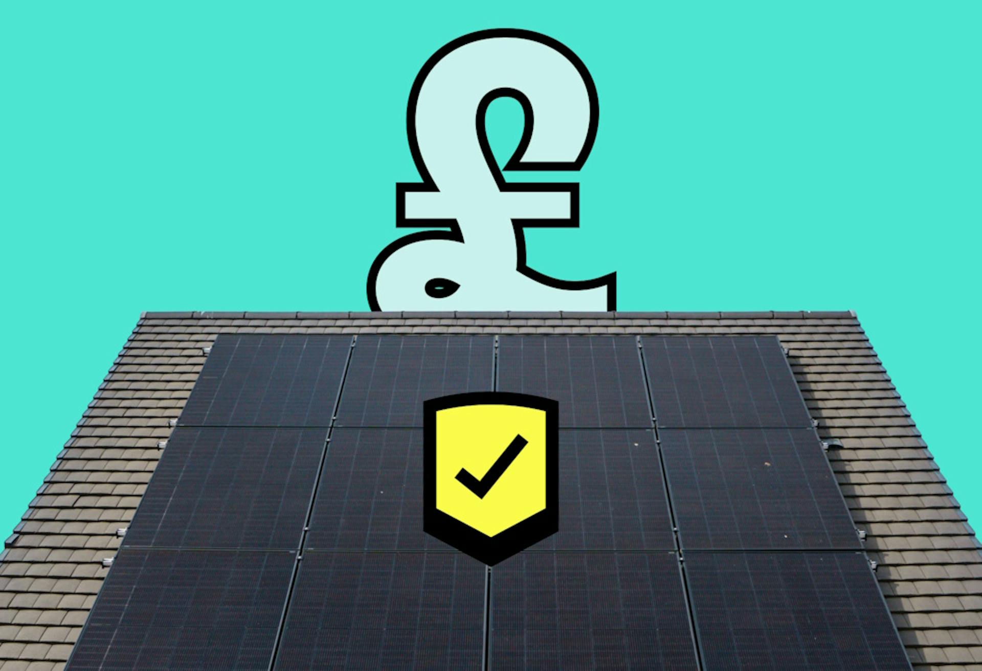 A slate roof with black solar panels. A yellow cartoon shield with a black tick on it is in the centre of the panels, and a blue pound sign outlined in black is above the roof, all against an aquamarine background