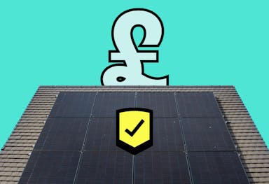 A slate roof with black solar panels. A yellow cartoon shield with a black tick on it is in the centre of the panels, and a blue pound sign outlined in black is above the roof, all against an aquamarine background