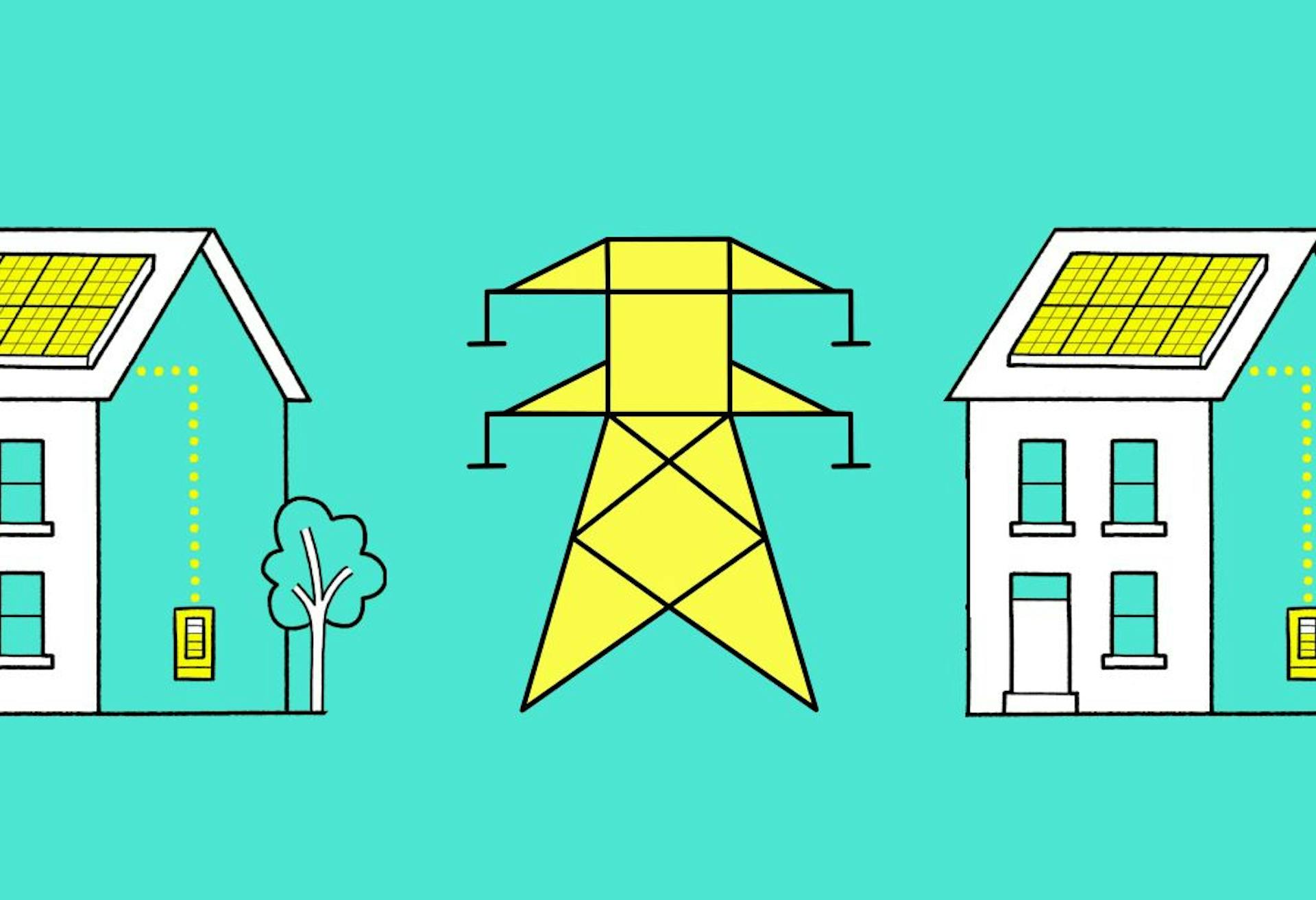 Two cartoon houses with solar panels on their roofs, with a yellow electricity pylon in between them. Turquoise background