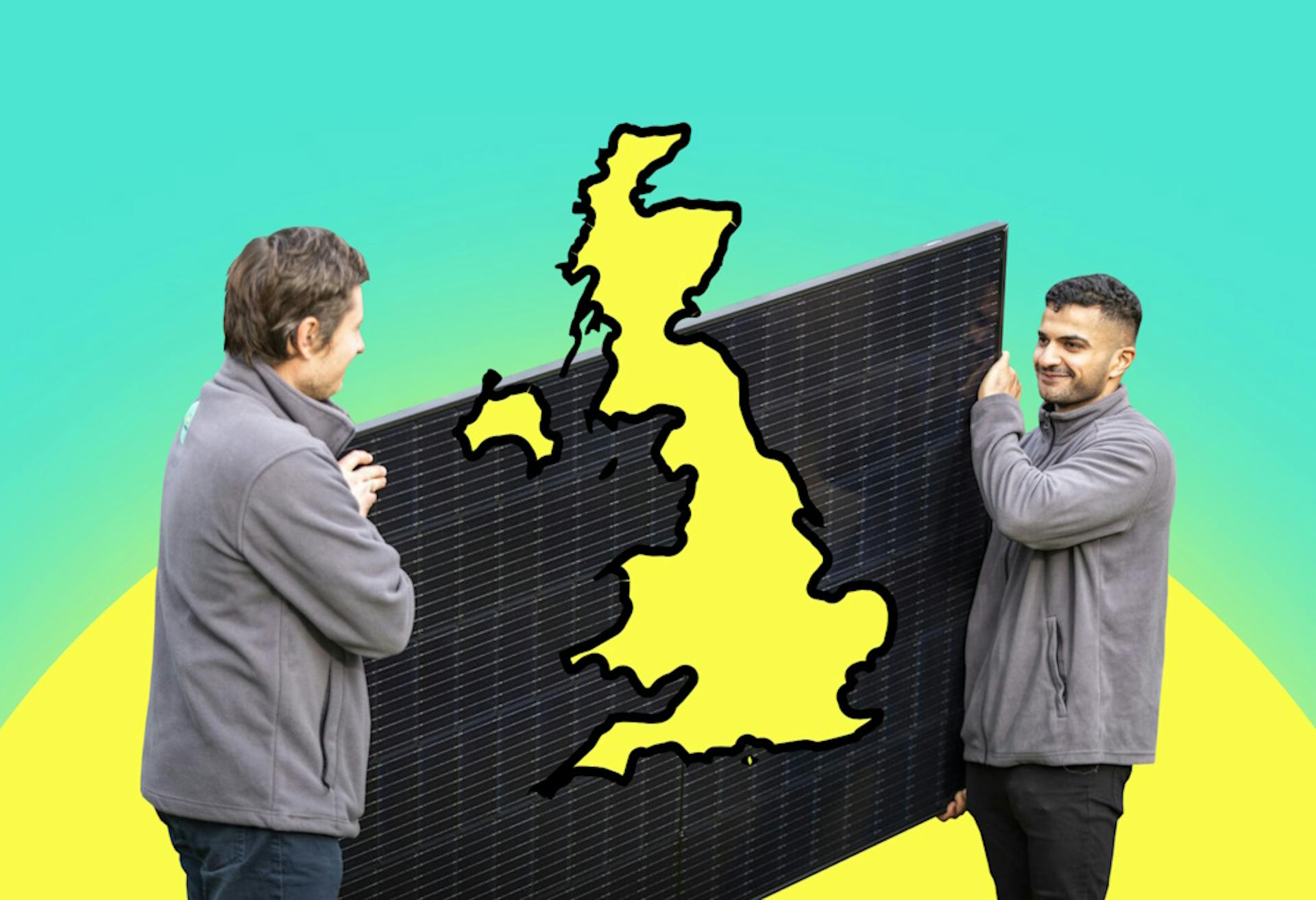 A yellow-and-black map of the UK superimposed over a photo of a black solar panel held by two installers, against an aquamarine and yellow background