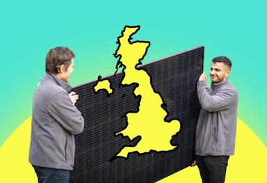 A yellow-and-black map of the UK superimposed over a photo of a black solar panel held by two installers, against an aquamarine and yellow background