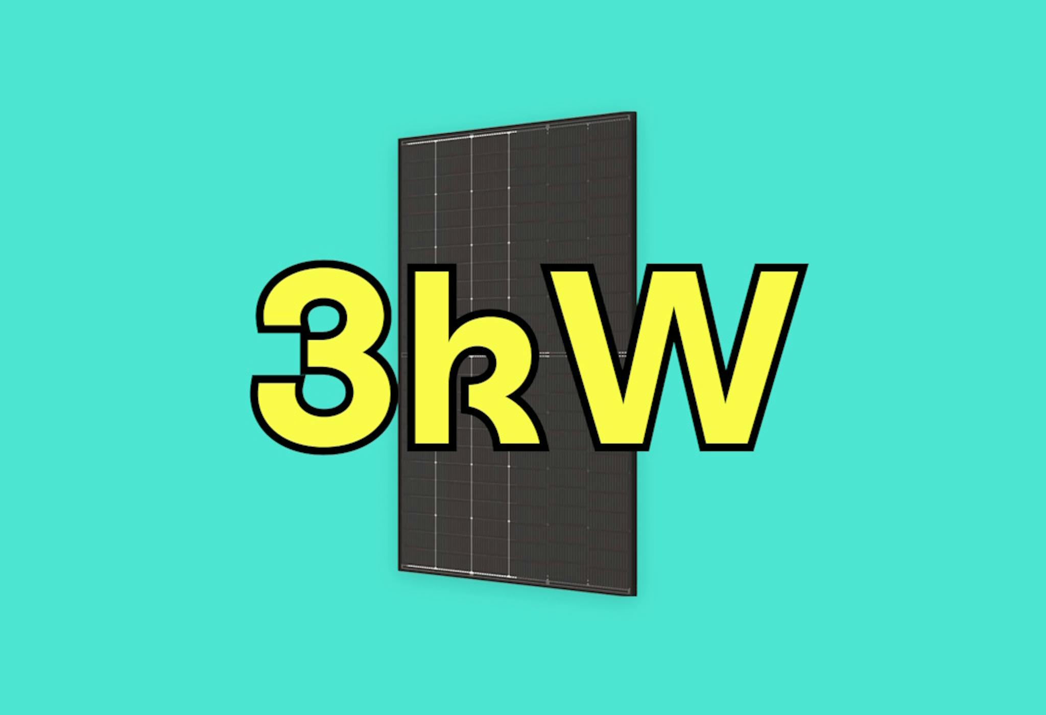 '3kW' in yellow, outlined in black, over an image of a black solar panel, against an aquamarine background