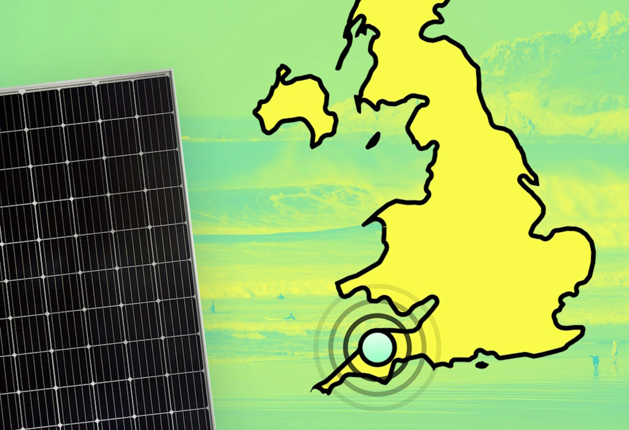 A graphic that has a cut-off map of the United Kingdom on the right with concentric circles emanating from Devon, and a photo of a black solar panel on the left. The UK is yellow and outlined in black, and the background of the image is a photo of a Devon beach