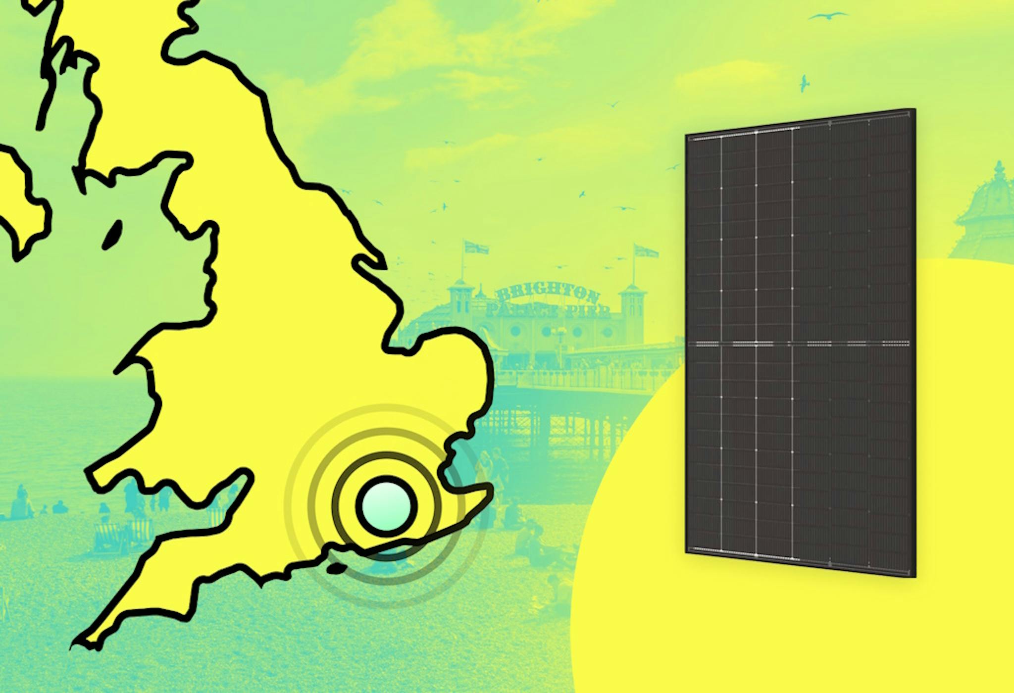 A graphic that has a cut-off map of the United Kingdom on the left with concentric circles emanating from Sussex, and a photo of a black solar panel on the right. The UK is yellow and outlined in black, and the background of the image is a photo of the Brighton Palace Pier