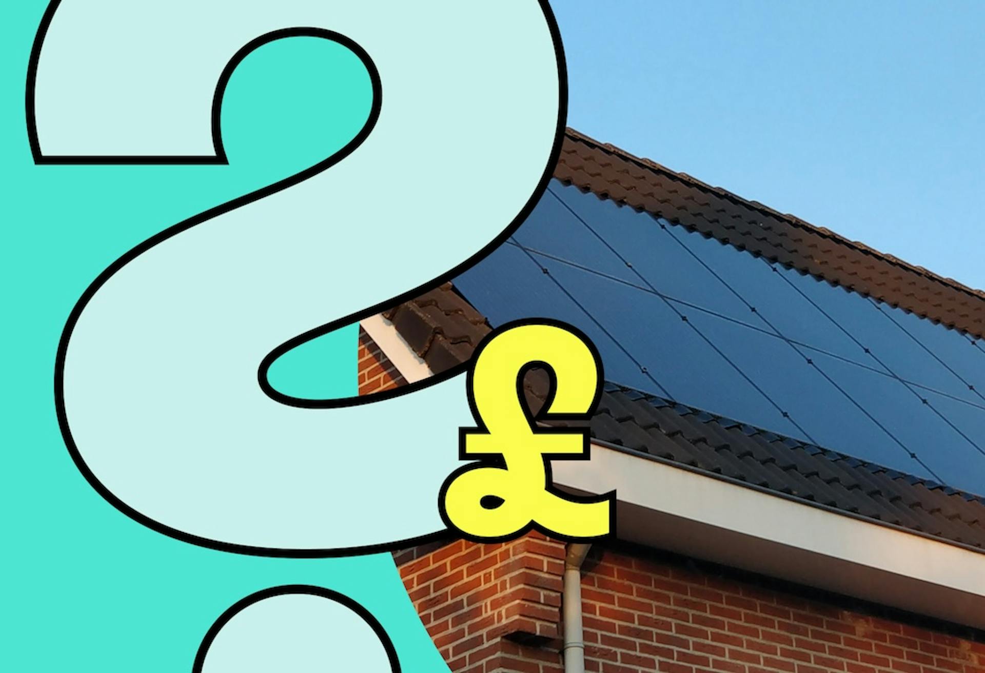 Roof-integrated solar panels on a rooftop, blue sky in the background, large pale blue question mark to the left, small yellow '£' sign